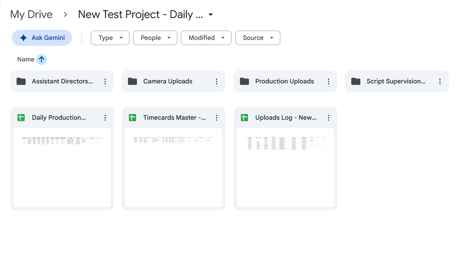 Google Drive project folder created for a Daily TimeCards production